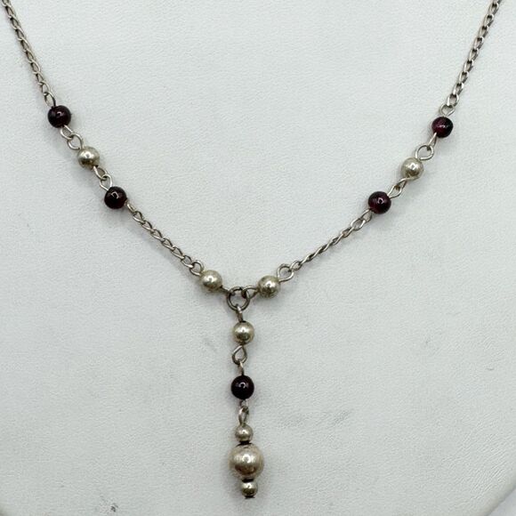 Sterling Silver And Garnet Beaded Y Drop Dainty Necklace Minimalist Classic Y2K - Picture 1 of 10